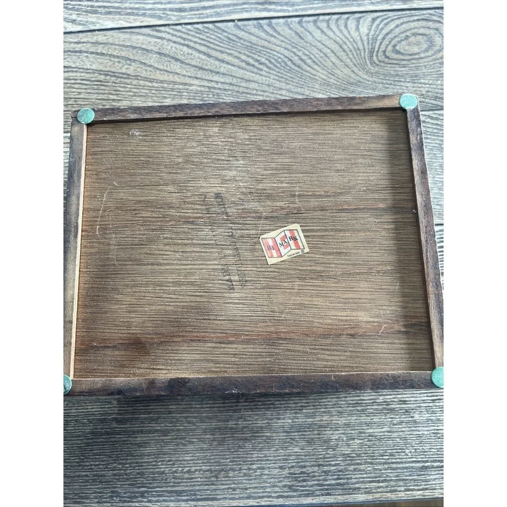 Vintage Wooden  Jewelry Box Wood w/Tapestry top Yellow Felt Lining‎ Taiwan